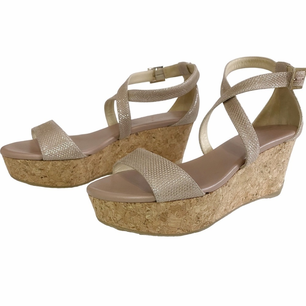 JIMMY CHOO PORTIA 120 GLITTERED METALLIC LEATHER CRISS CROSS STRAP WEDGE SANDALS